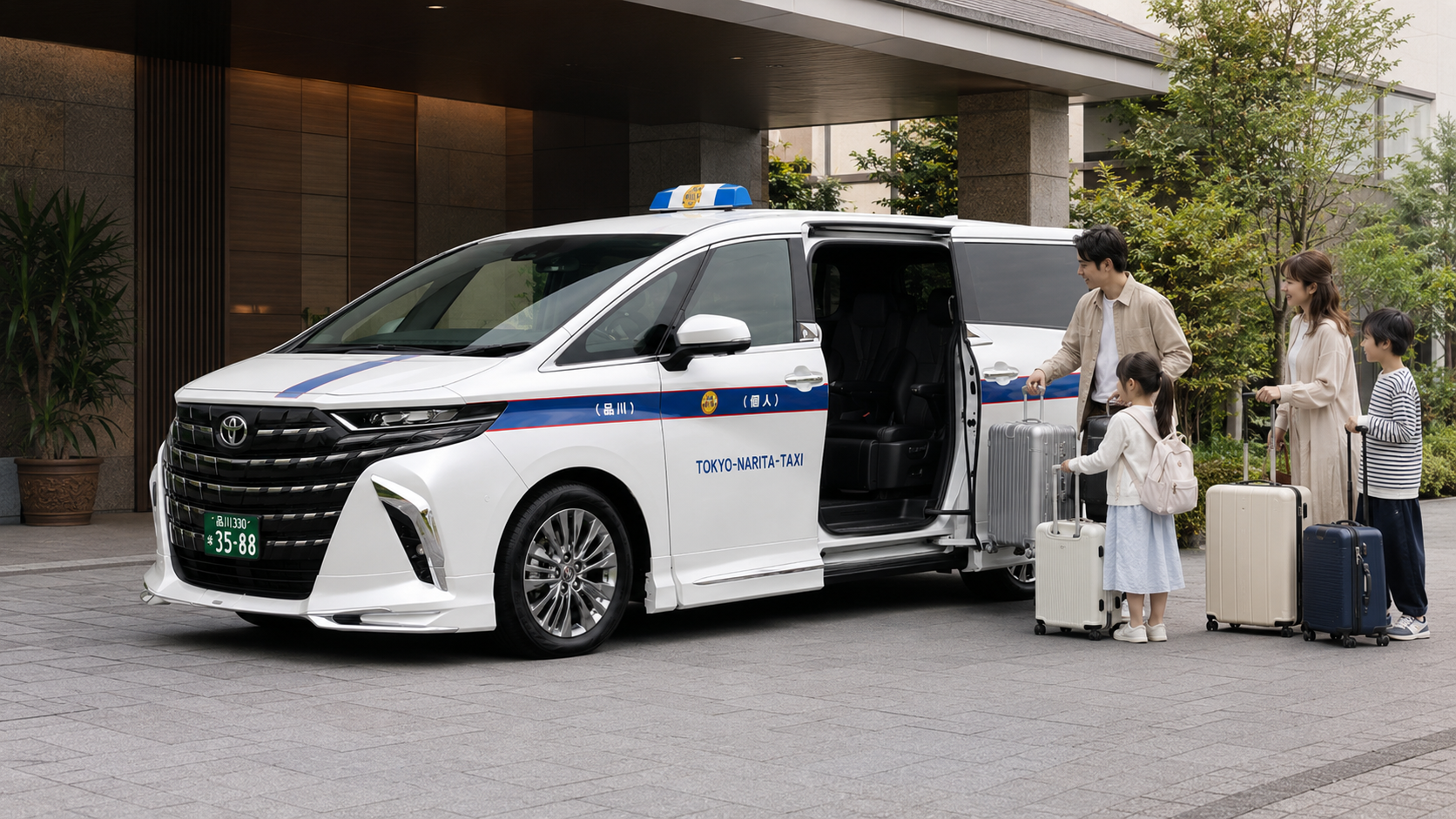 家族と大型荷物で成田空港へ向かう送迎のイメージ