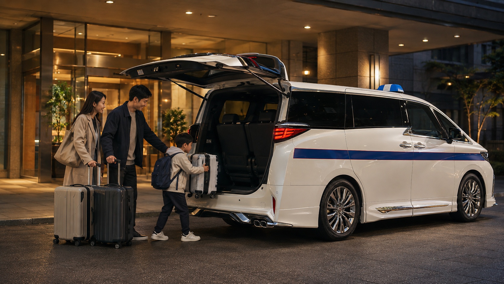 家族と大型荷物で早朝に空港へ向かう送迎のイメージ