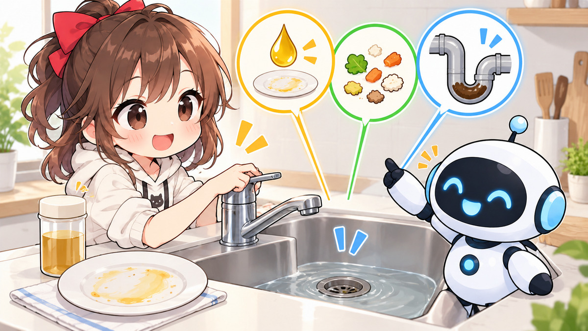 キッチン 蛇口 修理についてワクちゃんとチャッピーが確認しているイラスト