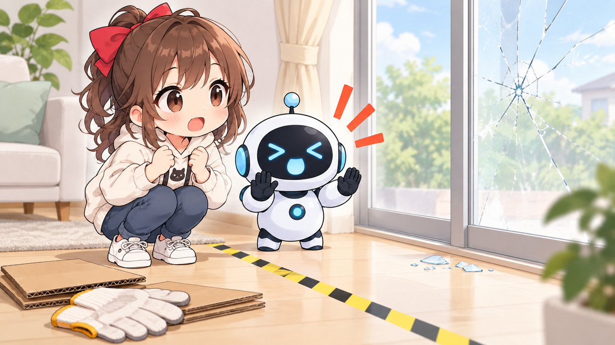 ガラス 屋についてワクちゃんとチャッピーが確認しているイラスト