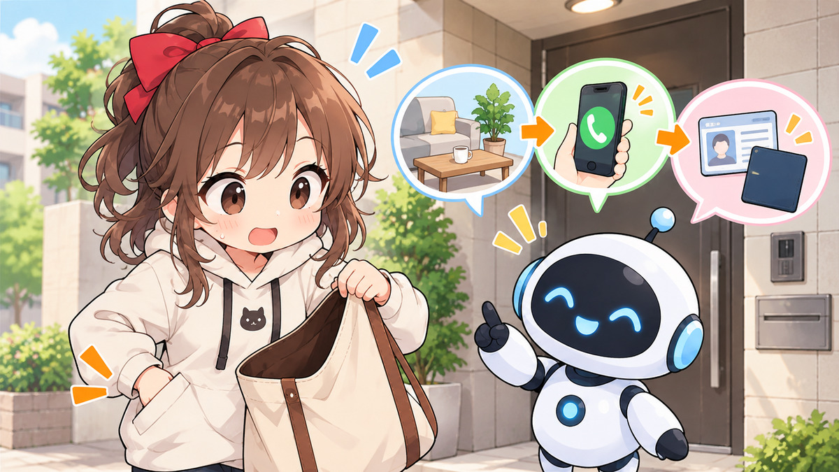 家 の 鍵 交換についてワクちゃんとチャッピーが確認しているイラスト
