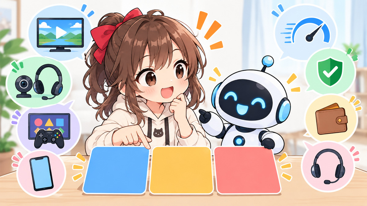 光 回線 おすすめについてワクちゃんとチャッピーが確認しているイラスト