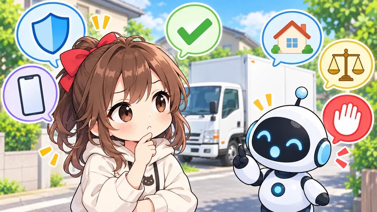 くらし の マーケット エアコンについてワクちゃんとチャッピーが確認しているイラスト