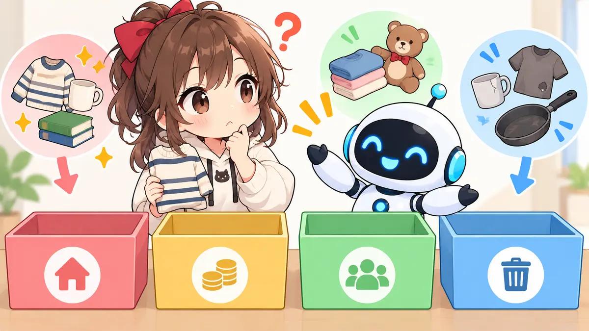 粗大 ゴミ の 出し 方についてワクちゃんとチャッピーが確認しているイラスト