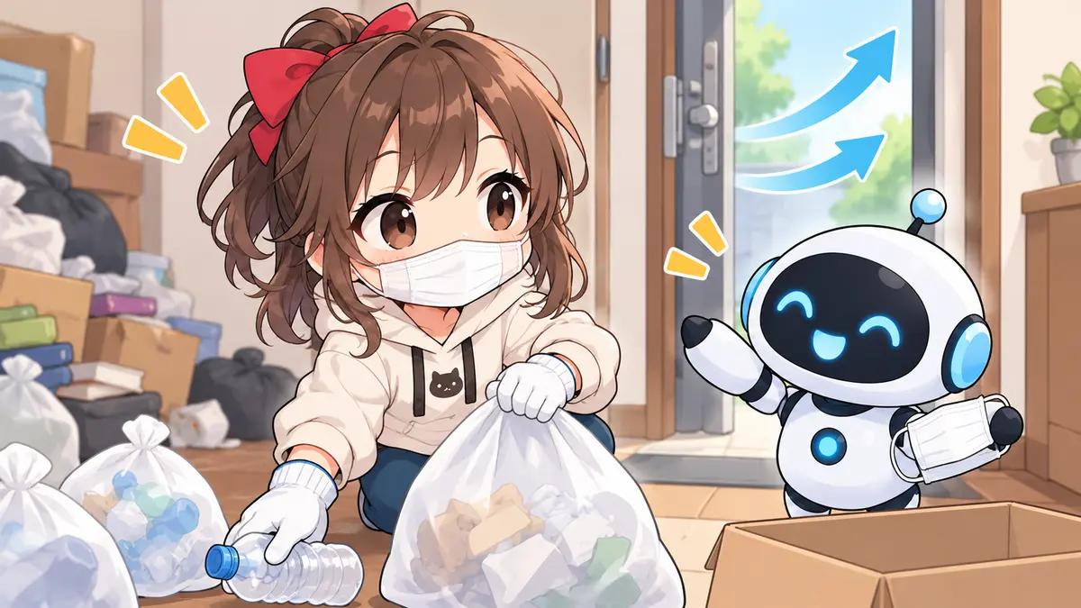 ソファ 処分についてワクちゃんとチャッピーが確認しているイラスト