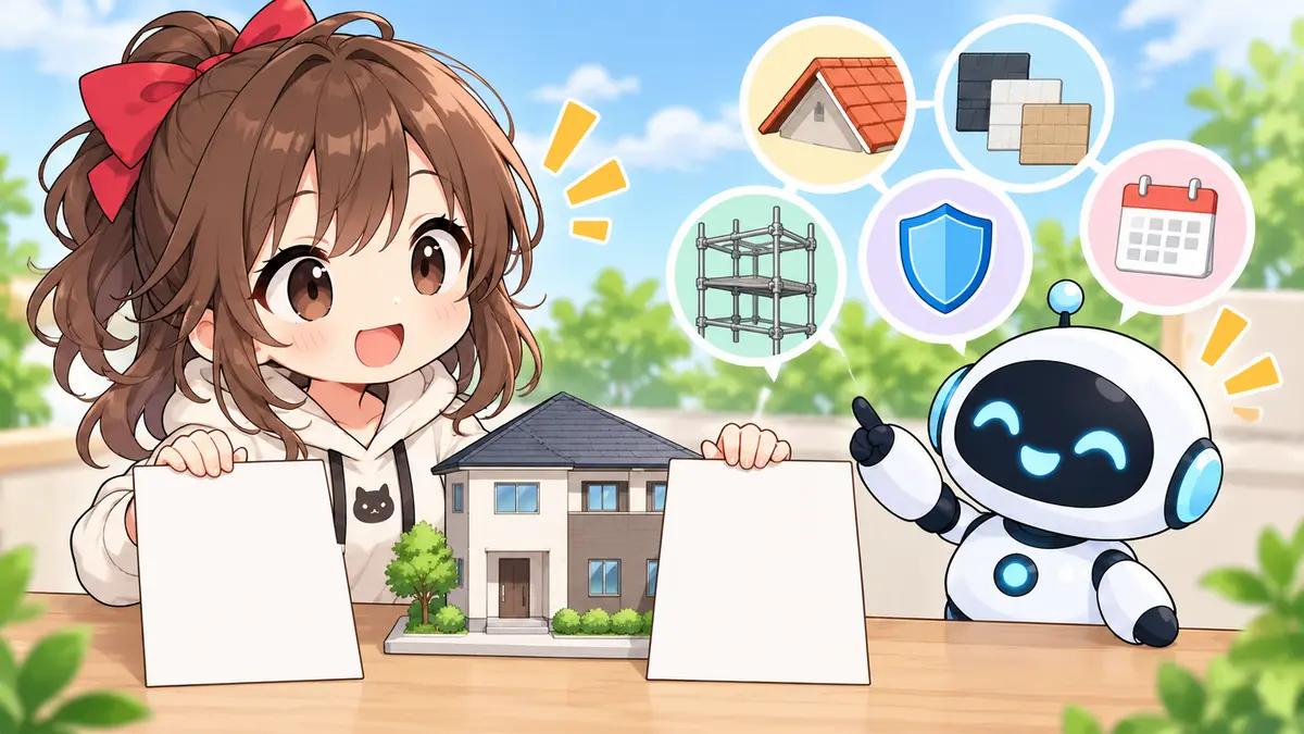 屋根 から 水 漏れについてワクちゃんとチャッピーが確認しているイラスト