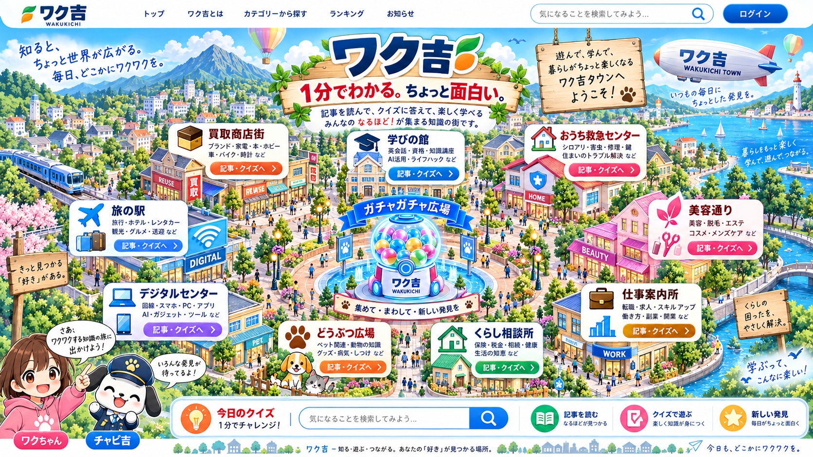 山と海に囲まれたワク吉タウン。中央のガチャガチャ広場を、買取商店街、学びの館、旅の駅などの施設が囲み、ワクちゃんとチャピ吉が迎えます。施設を選ぶと案内を開きます。