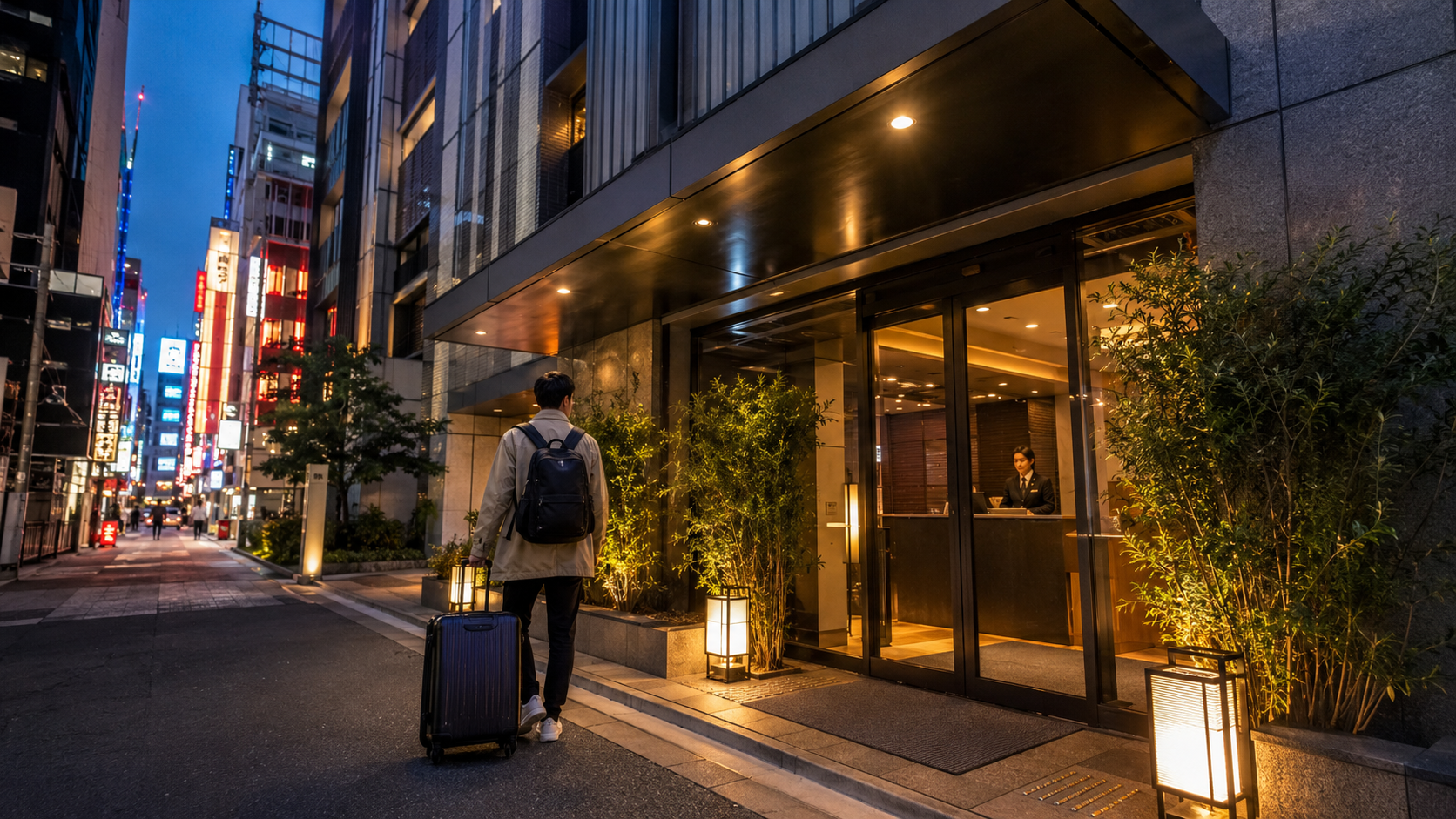 アパホテル〈新宿 歌舞伎町タワー〉:新宿歌舞伎町、夕暮れのホテル入口のイメージ