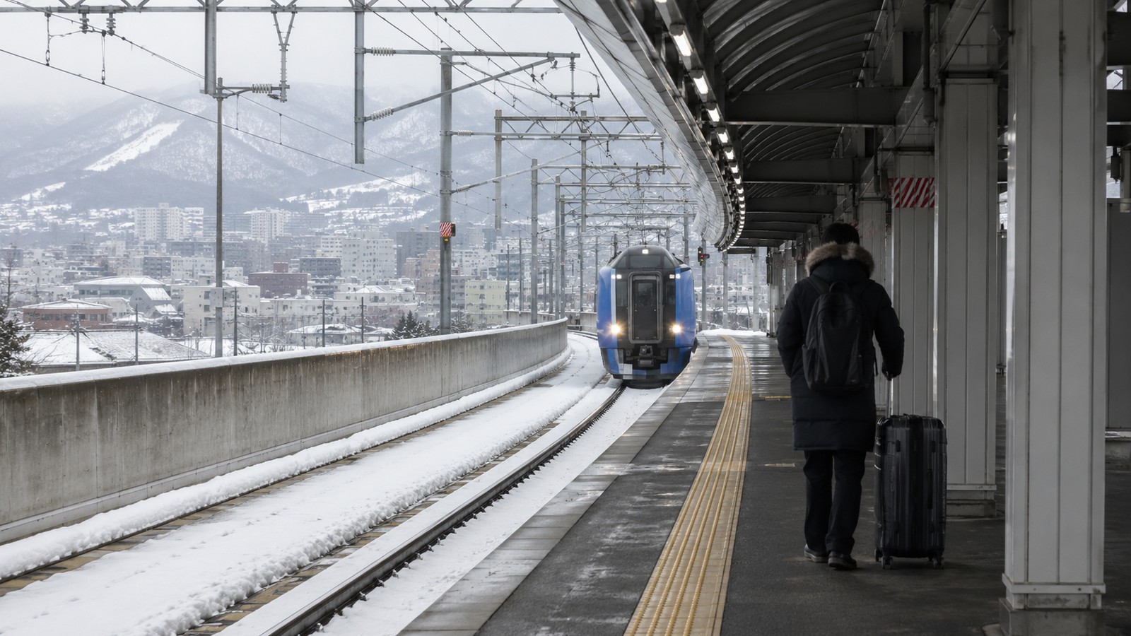 冬の札幌駅で列車を利用する旅行者のイメージ