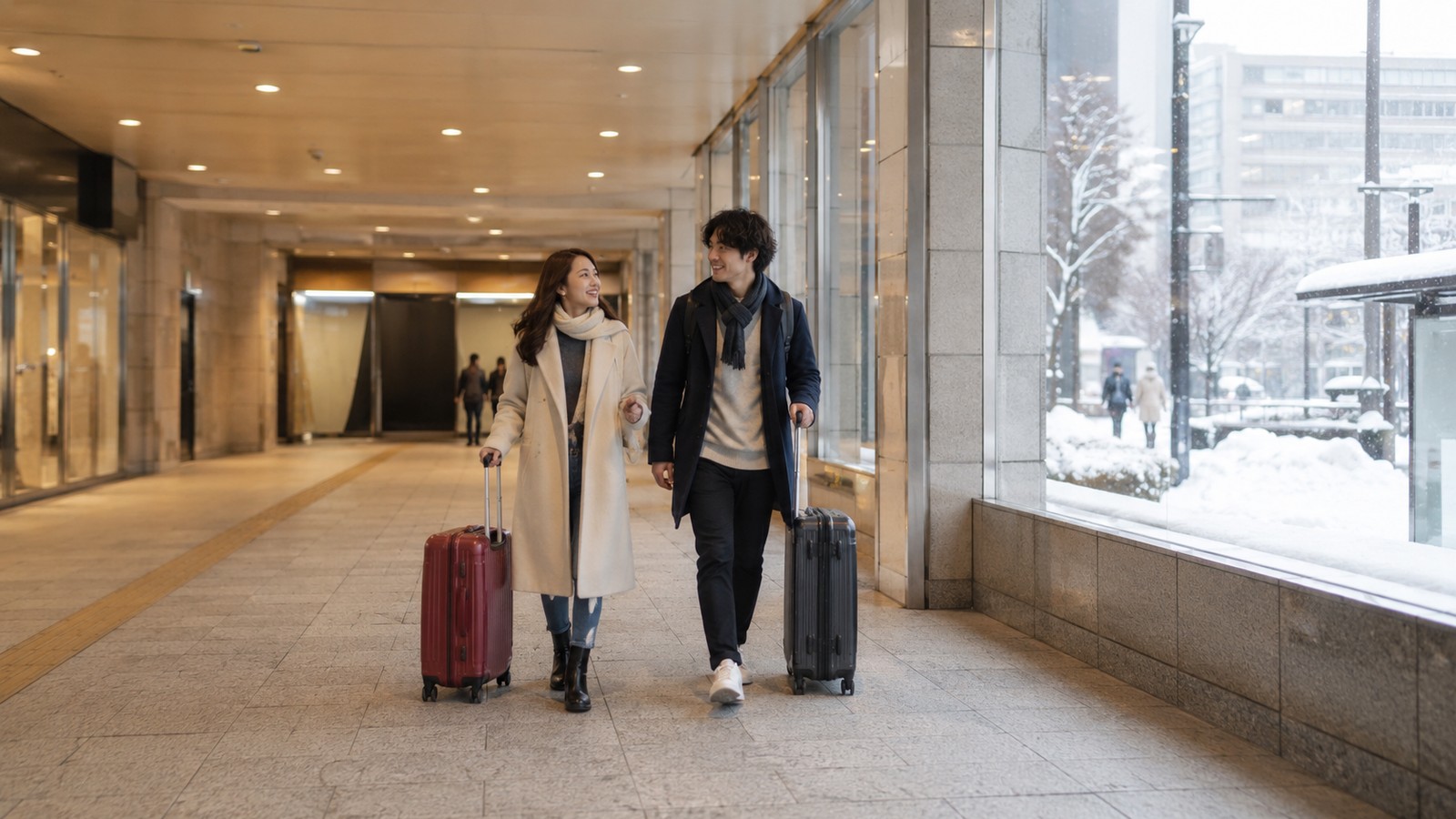 雪の日でも地下動線を使う旅行者のイメージ