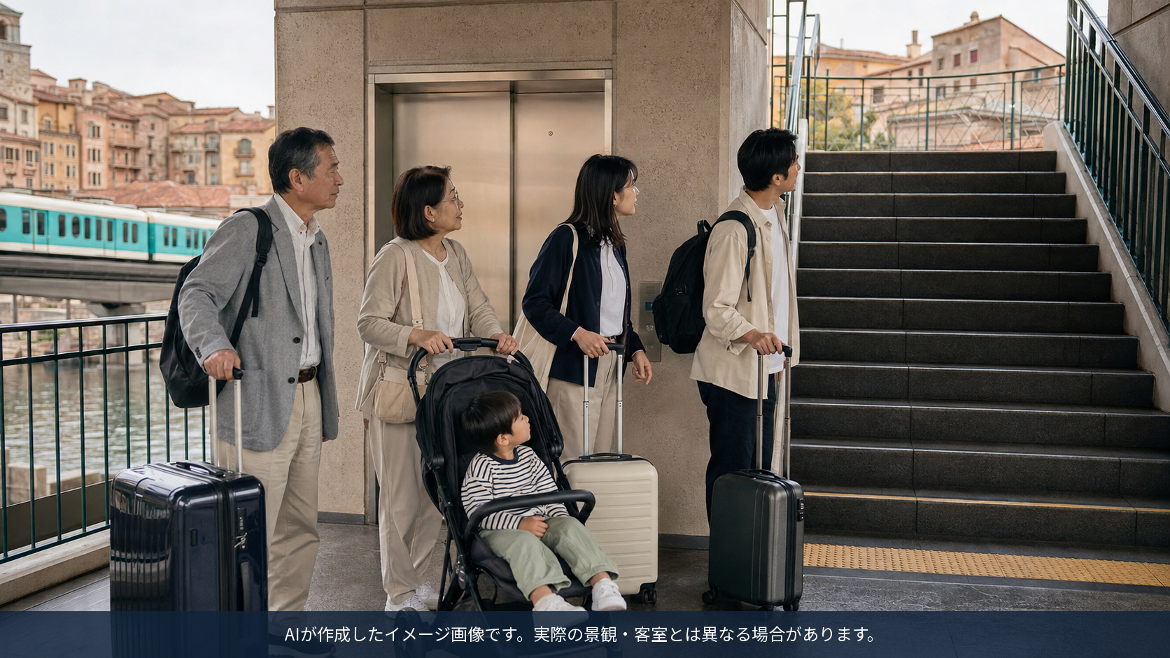 駅エレベーター工事期間に階段動線を確認する家族旅行のイメージ