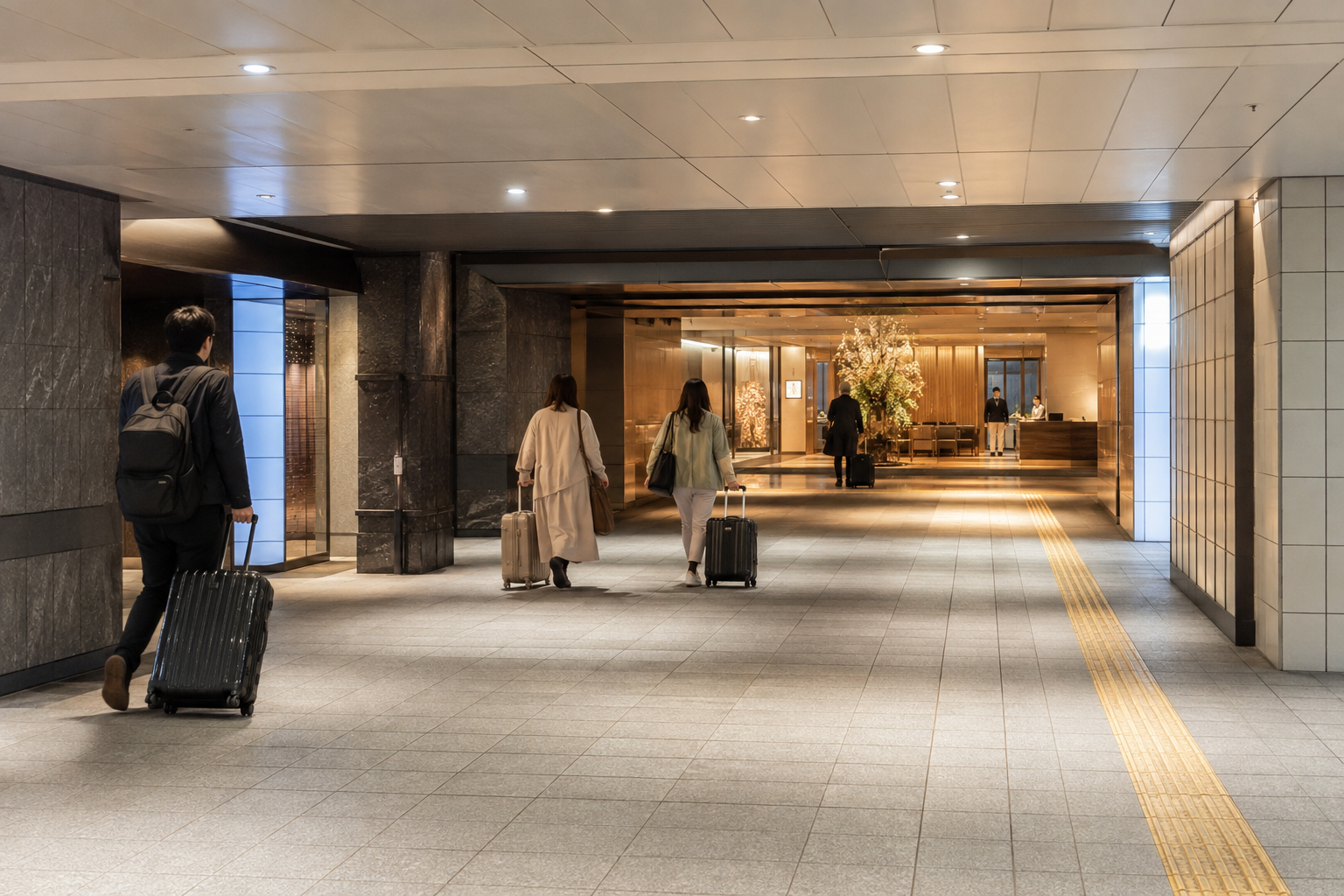 心斎橋駅からホテルへ向かう旅行者のイメージ
