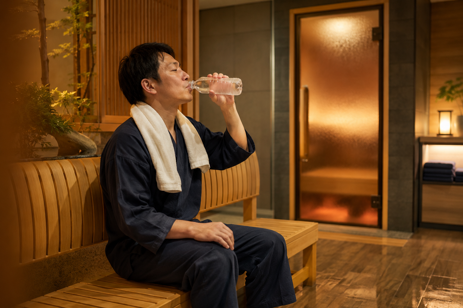 大浴場・サウナ利用後に休憩する旅行者のイメージ