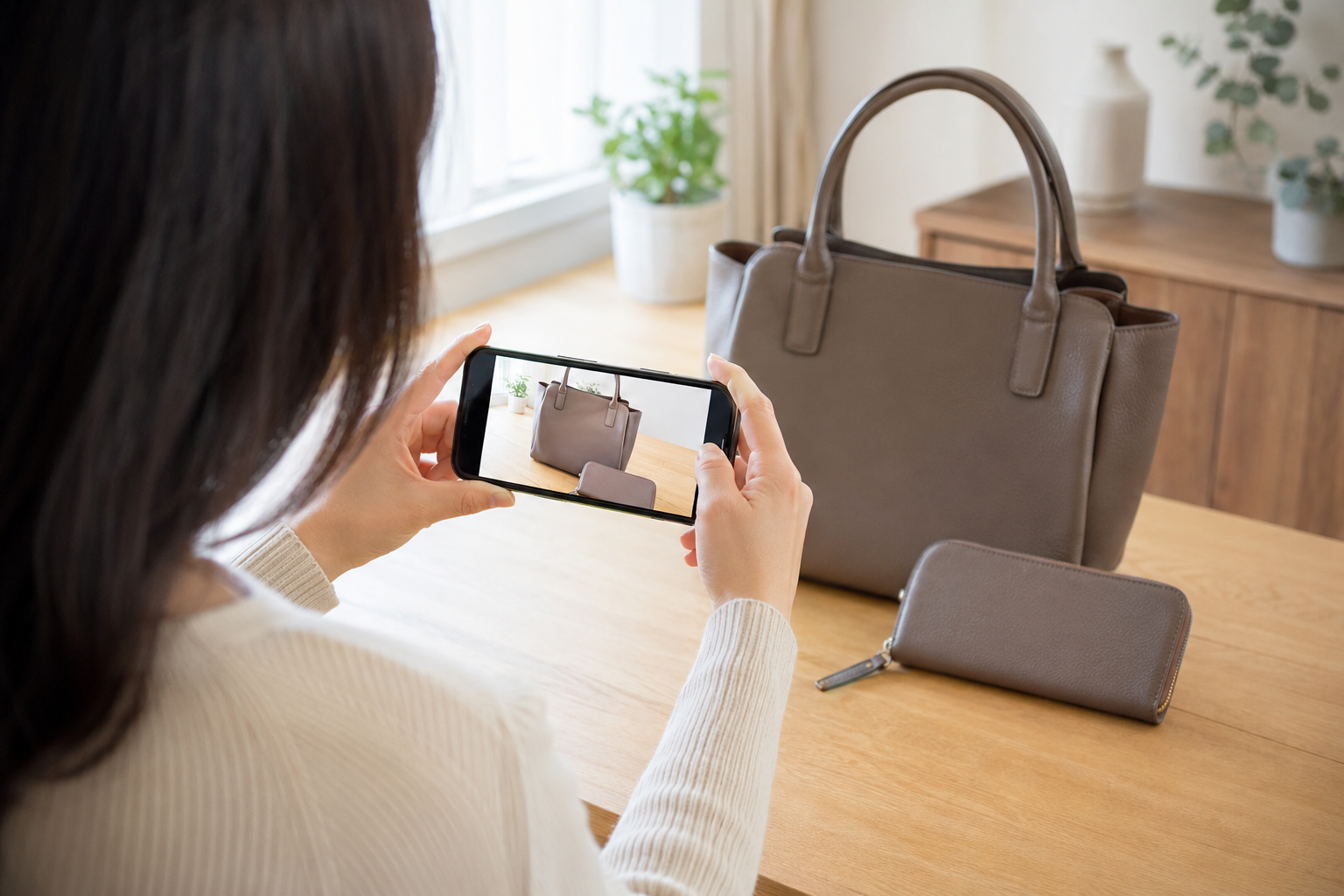 バッグと財布をスマートフォンで撮影するイメージ