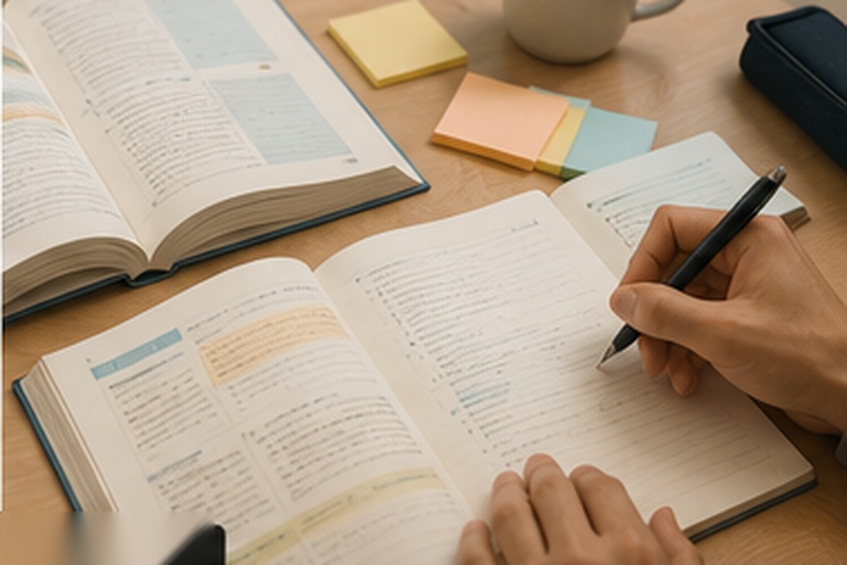 資格教材とノートを使って学習するイメージ