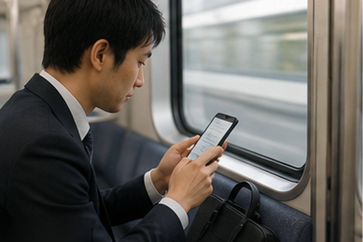 通勤中にスマートフォンで資格学習する社会人のイメージ