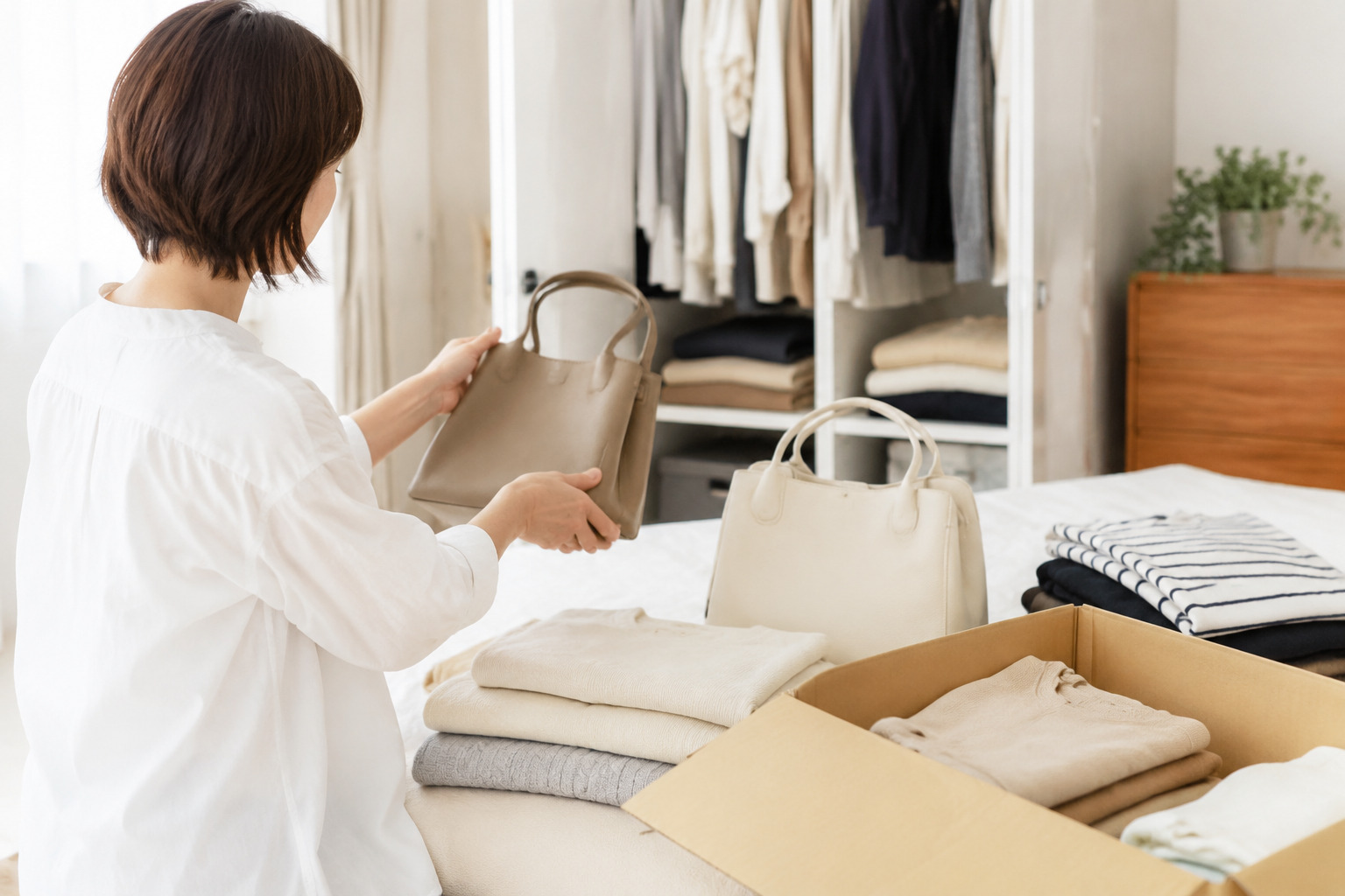 自宅で無地バッグと衣類を整理するイメージ