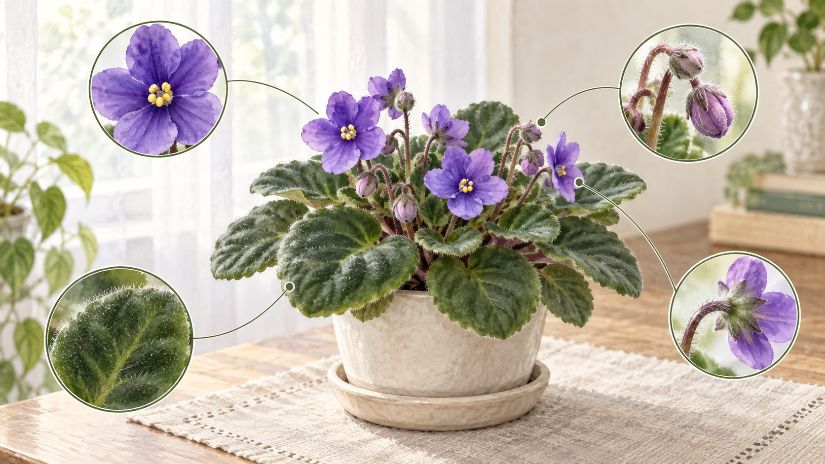 室内の鉢植えセントポーリアの花、つぼみ、葉を観察するイラスト
