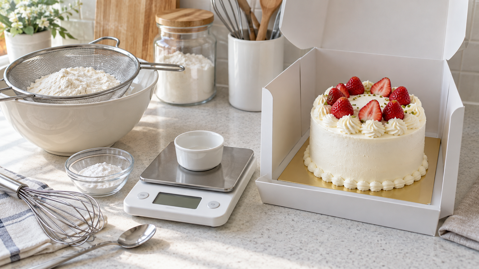 粉を入れたふるいと計量器、台紙に載せて箱へ収めたケーキ