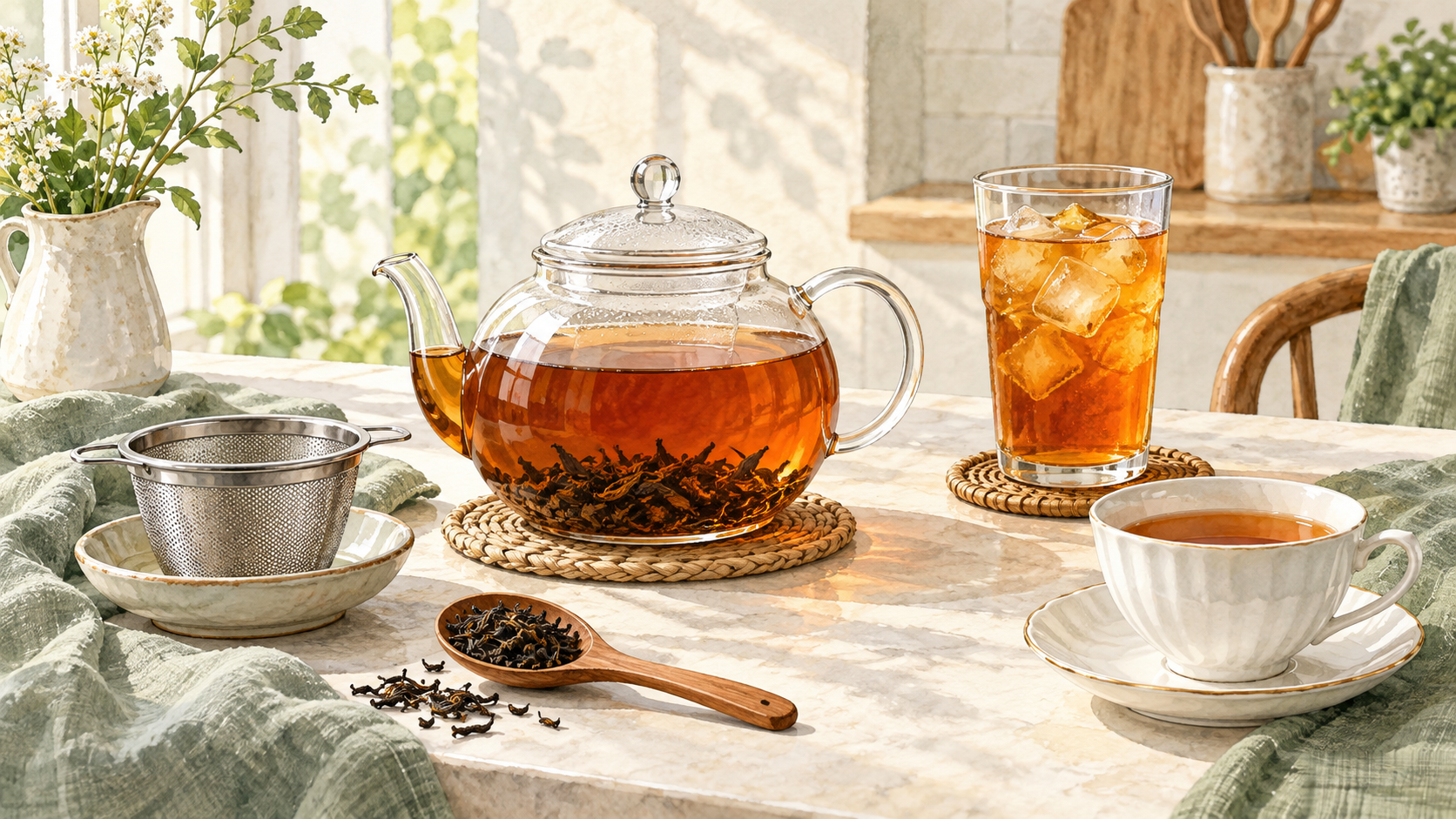 茶葉が開いたガラスのティーポットと広い茶こし、紅茶のカップとアイスティー