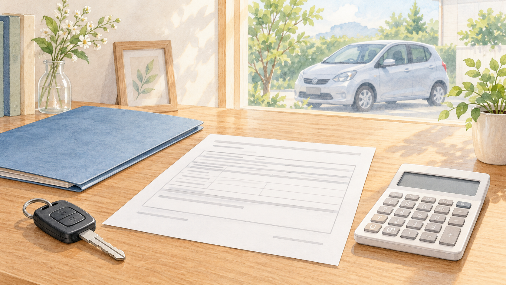 車の鍵と書類、電卓を机に置き窓の外に車を描いたイラスト
