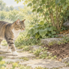 柔らかい土と木陰のある庭の道を歩くキジトラ猫のイラスト