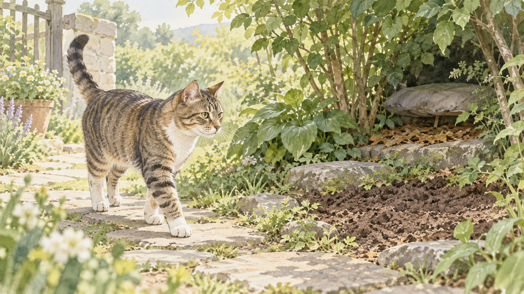 柔らかい土と木陰のある庭の道を歩くキジトラ猫のイラスト
