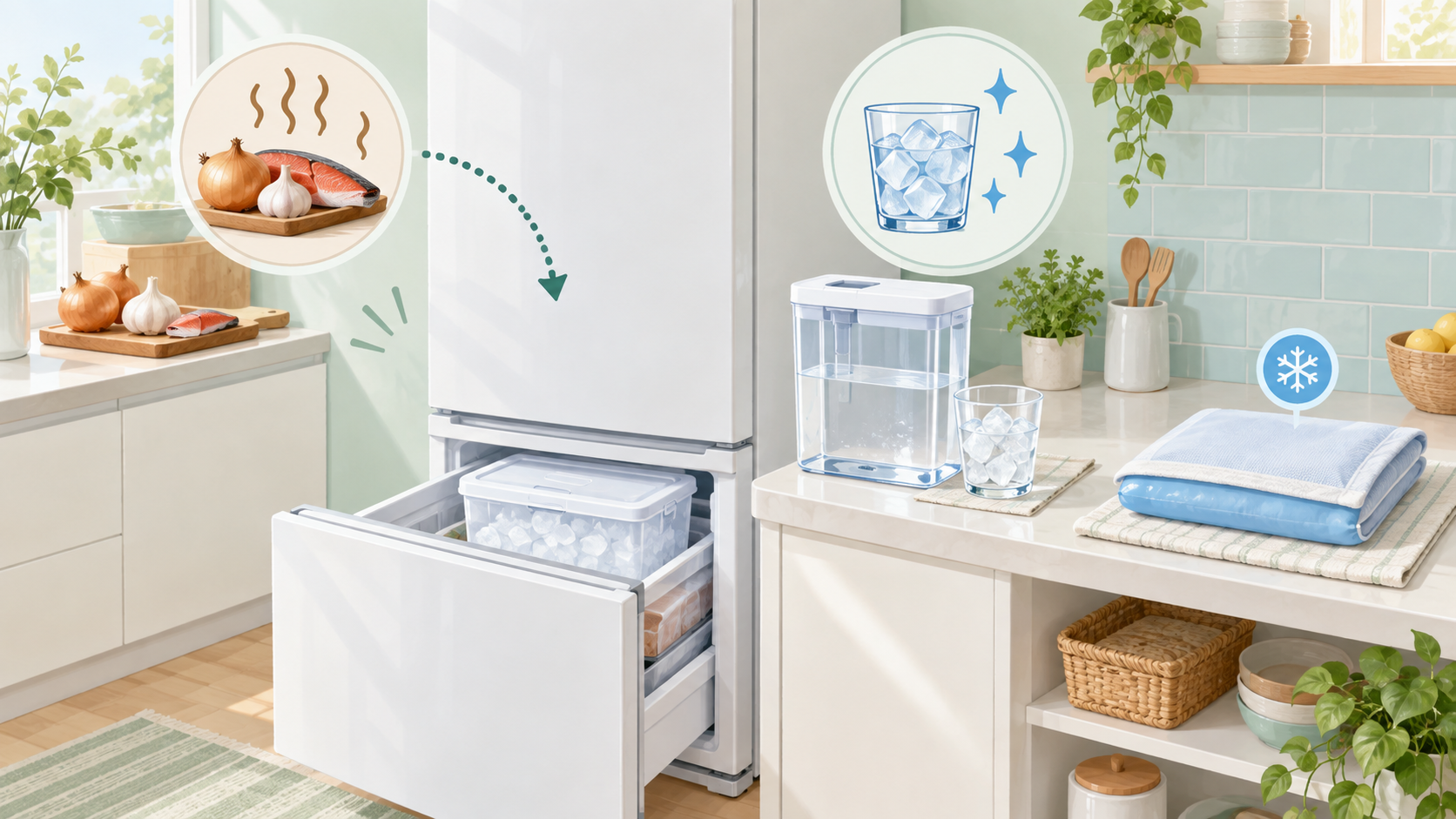 冷蔵庫の製氷容器と給水タンク、別の場所に置いた保冷枕を描いたイラスト