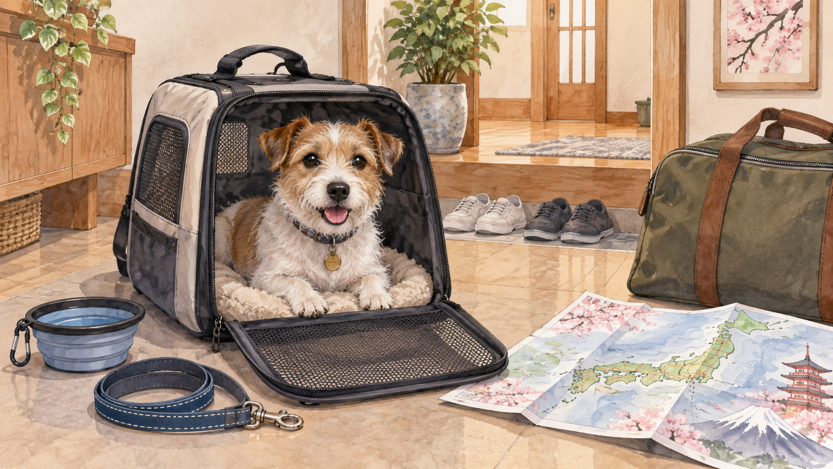 自宅でキャリーに入る小型犬とリード、水入れ、旅行荷物のイラスト