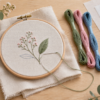 刺繍枠の布と植物模様、刺繍糸、図案用紙を並べたイラスト