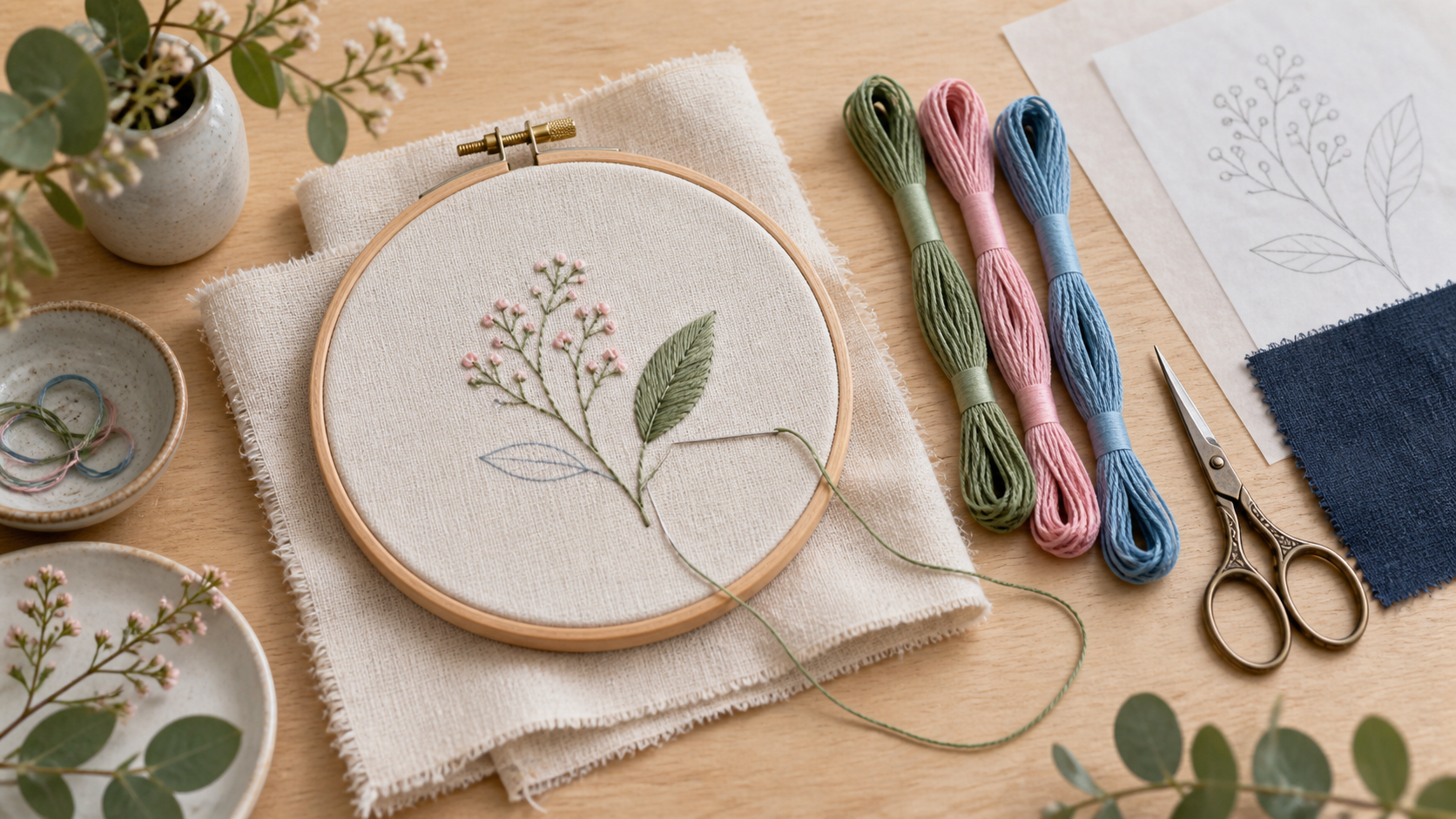 刺繍枠の布と植物模様、刺繍糸、図案用紙を並べたイラスト