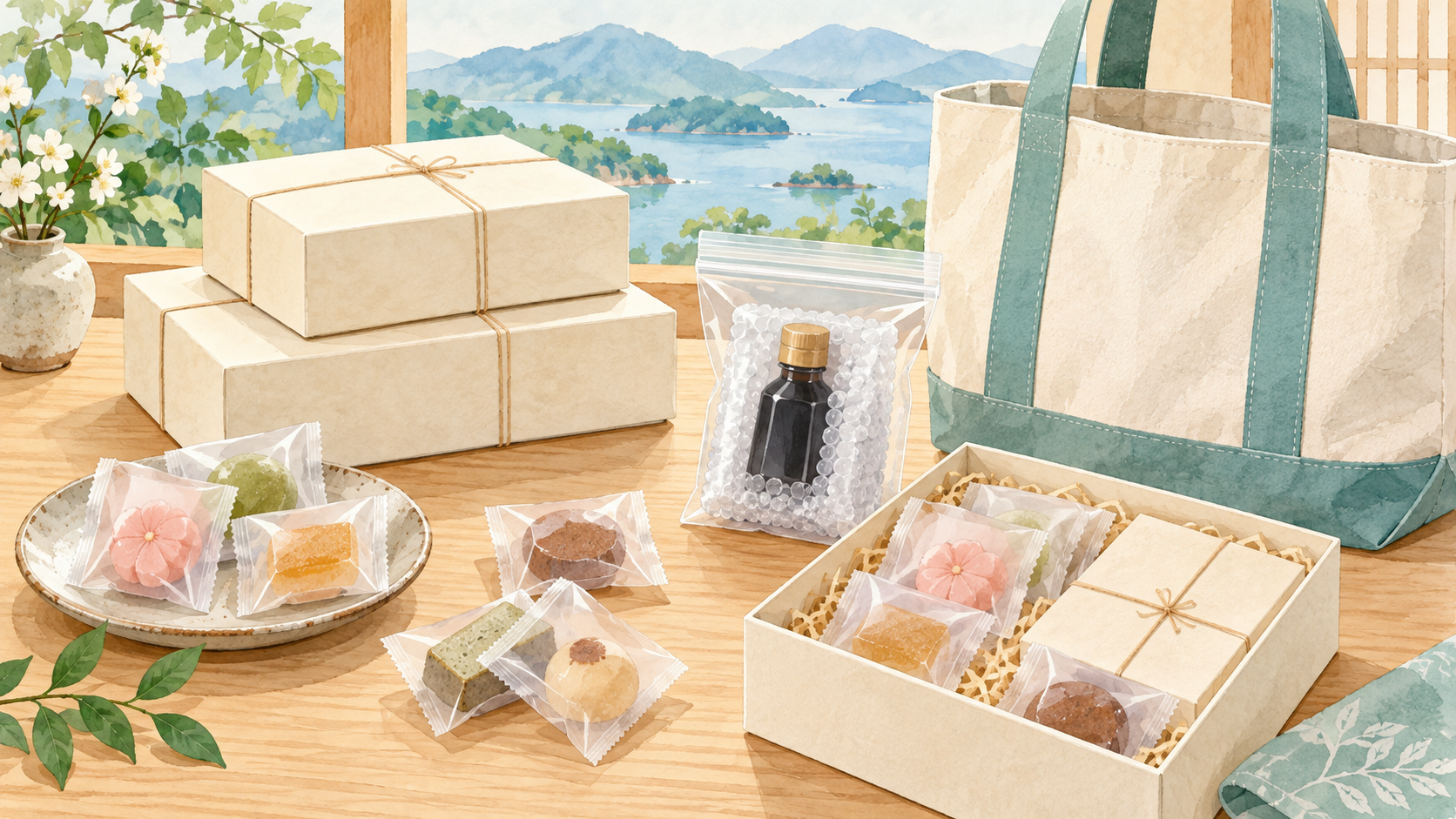 個包装の菓子と無地の贈答箱、緩衝材と袋で保護した醤油瓶を並べたイラスト