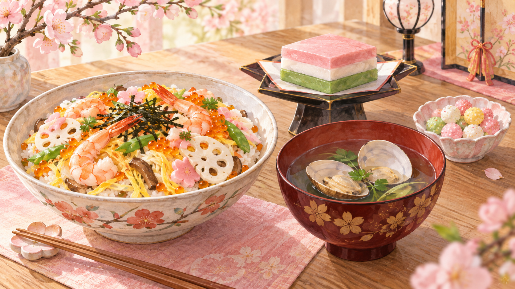 ちらし寿司、はまぐりの潮汁、三色の菱餅とひなあられのイラスト