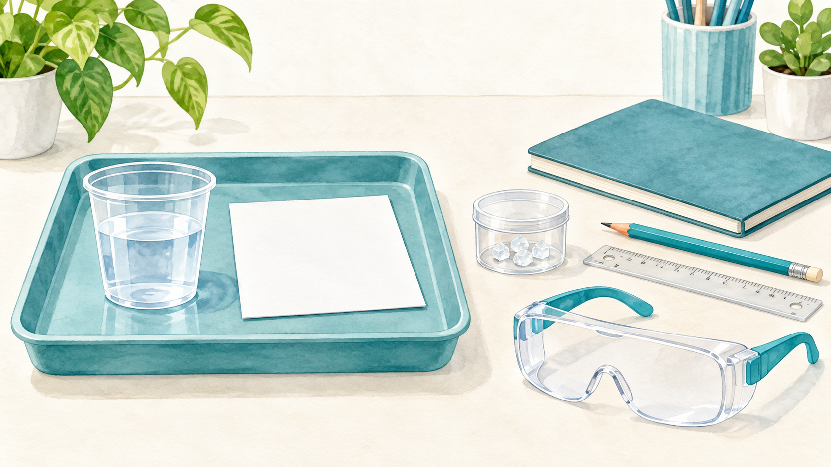 トレー上の水入りコップと紙、結晶の容器、ノートと保護眼鏡を並べたイラスト