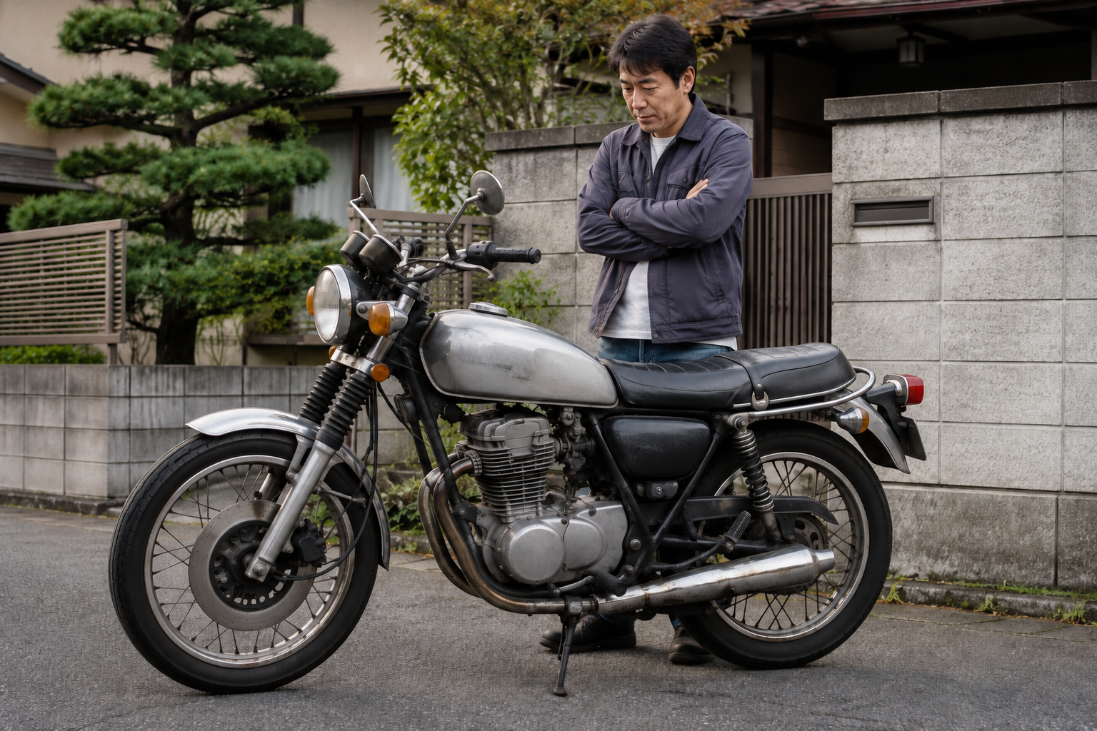 年式の古いバイクを査定担当者が確認する場面