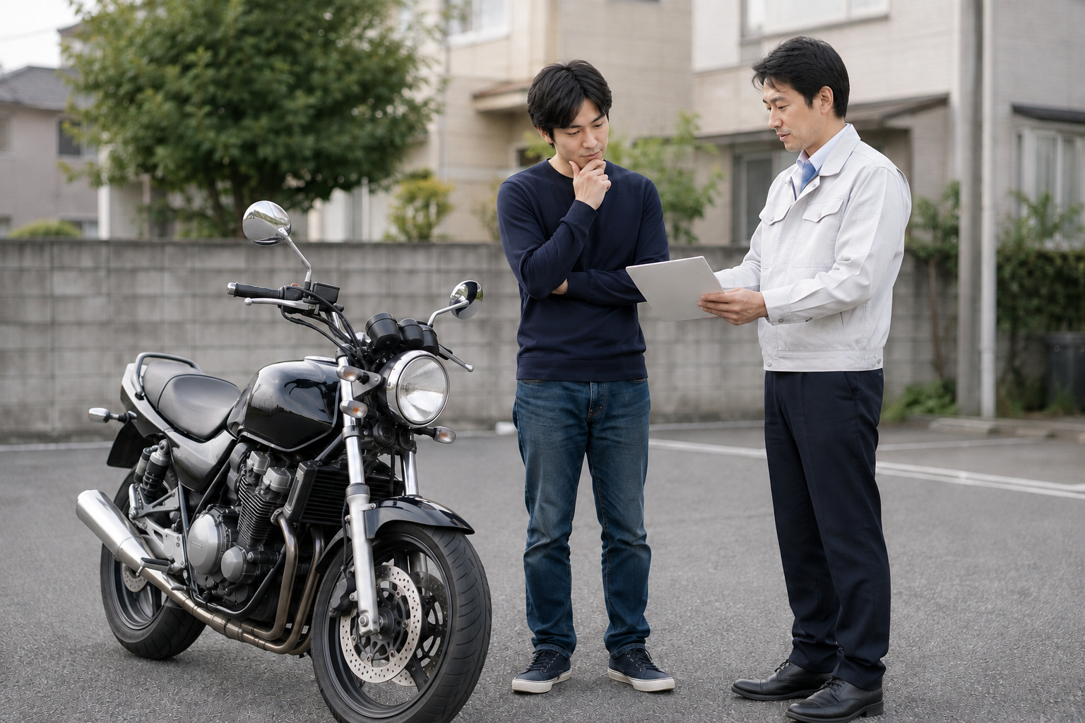 バイクの査定結果を担当者と確認する所有者
