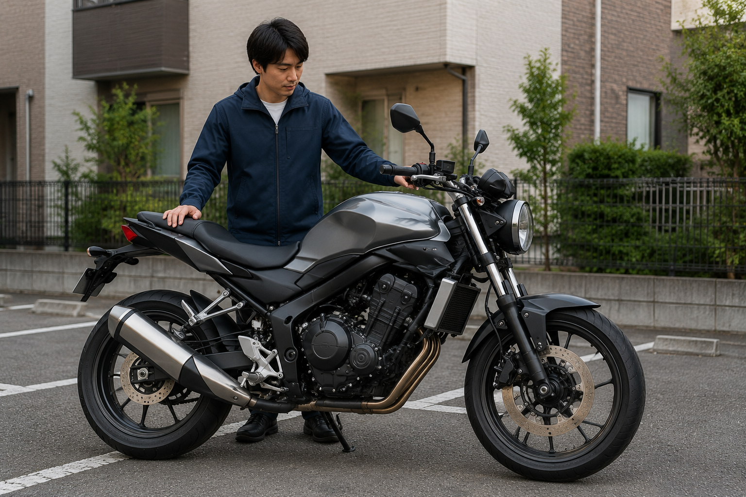 中型ネイキッドバイクの車体状態を確認する査定場面