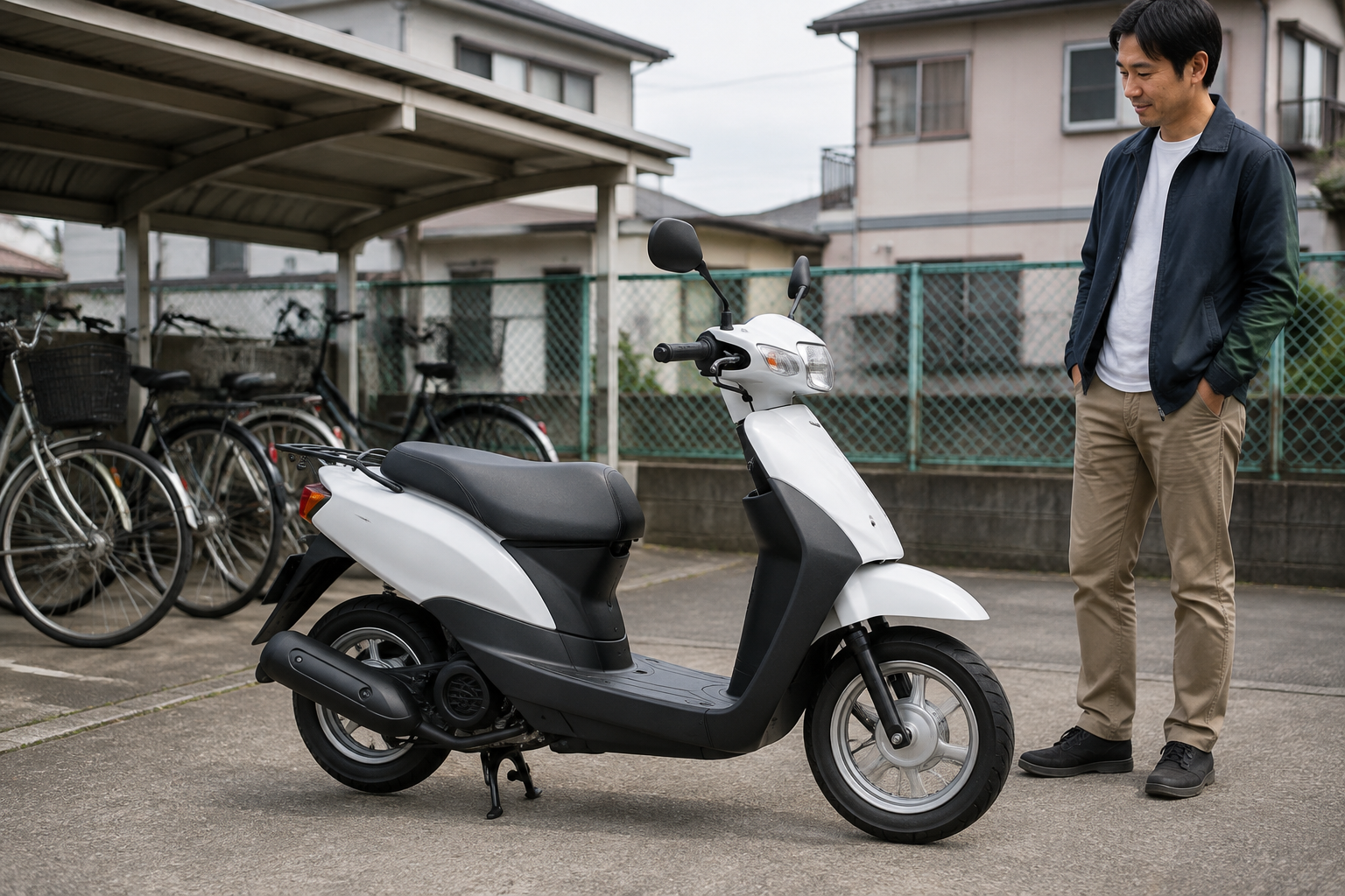 小型実用バイクの車体状態を確認する査定場面