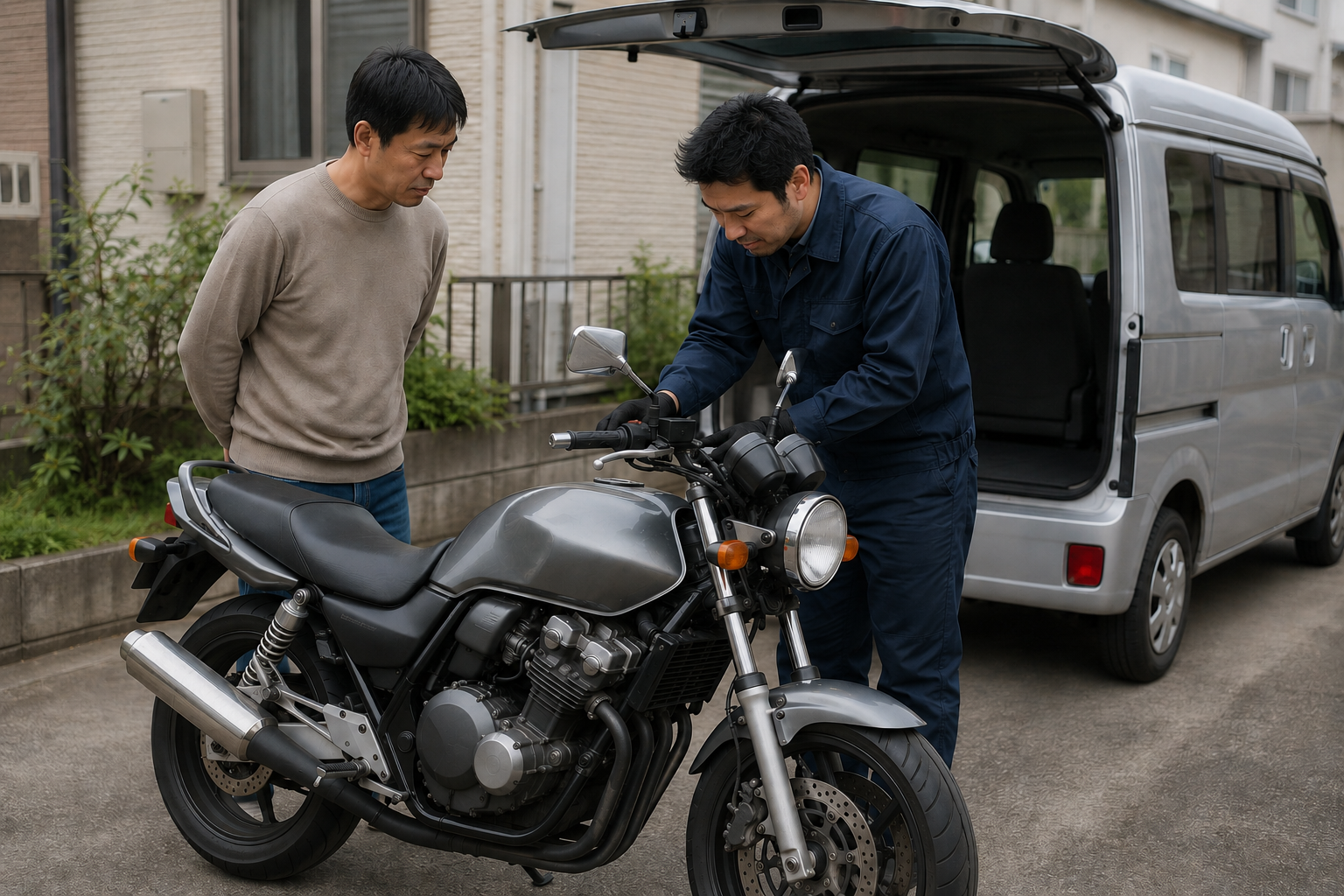 自宅前でバイクの出張査定を受ける場面