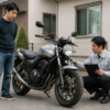 自宅前でバイクの車両条件を確認する出張査定の場面