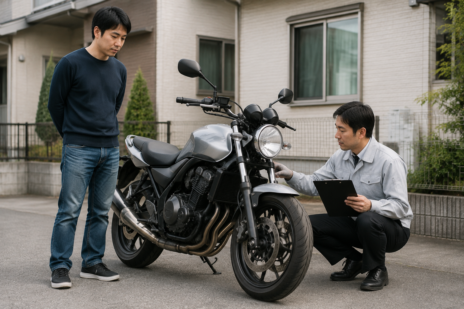 自宅前でバイクの車両条件を確認する出張査定の場面