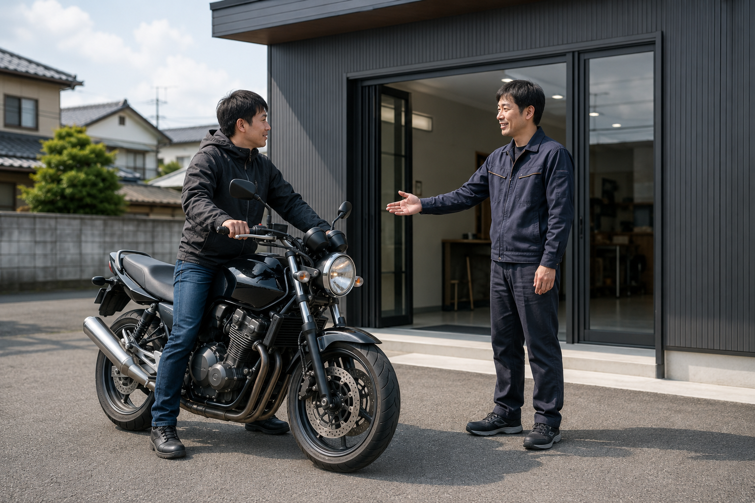 バイク買取店で担当者に迎えられる所有者