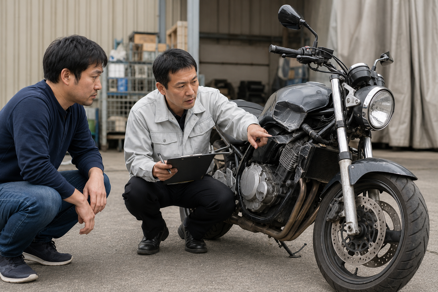 事故後のバイクの損傷状態を査定担当者が確認する場面