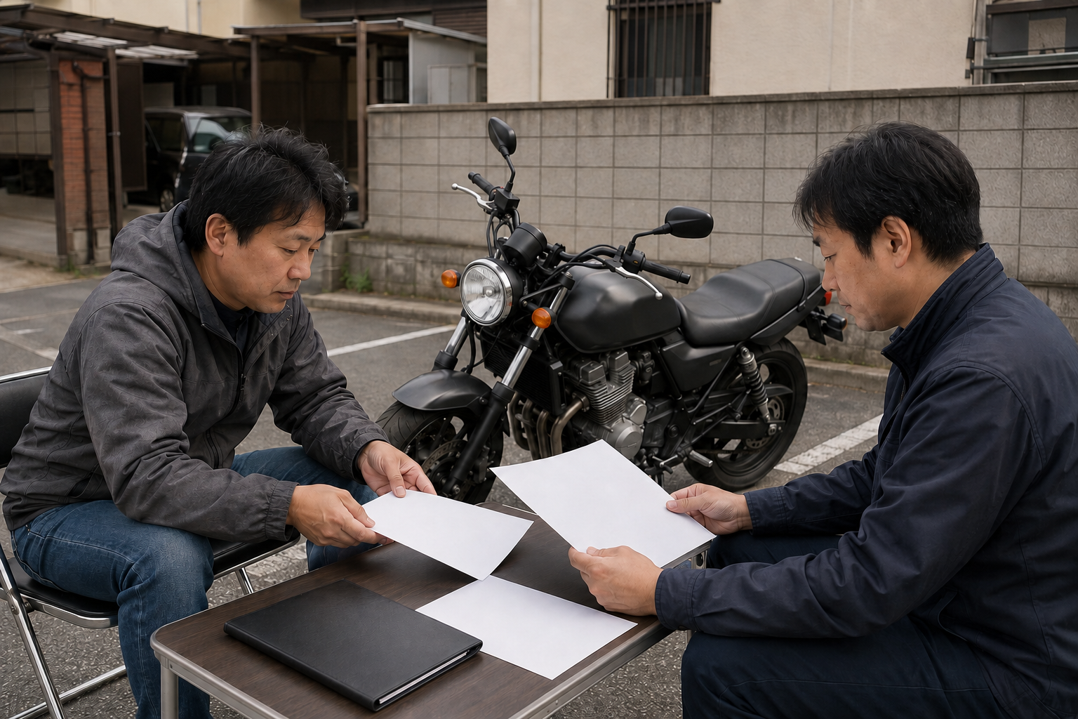 所有者が査定担当者と契約条件を落ち着いて確認する場面