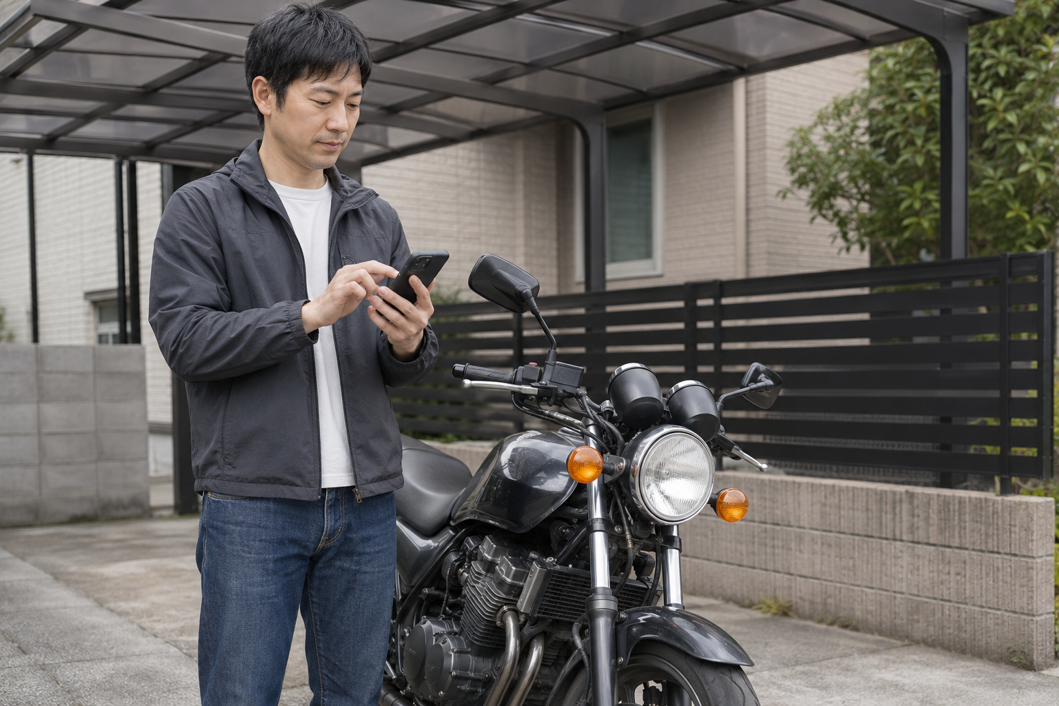 スマートフォンからバイクのオンライン査定を申し込む所有者