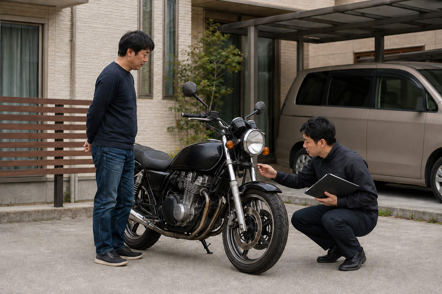 所有者と査定担当者がバイクの状態を確認する代表的な査定場面