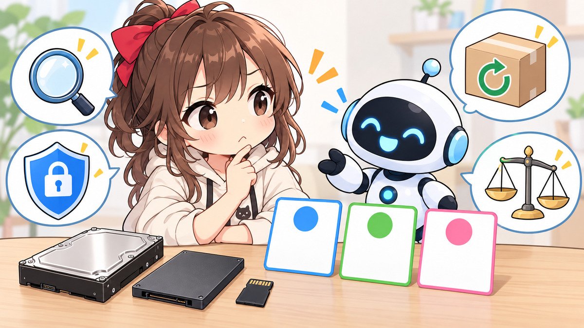 データ 復旧 業者についてワクちゃんとチャッピーが確認しているイラスト
