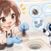 お 風呂 排水 管 詰まりについてワクちゃんとチャッピーが確認しているイラスト