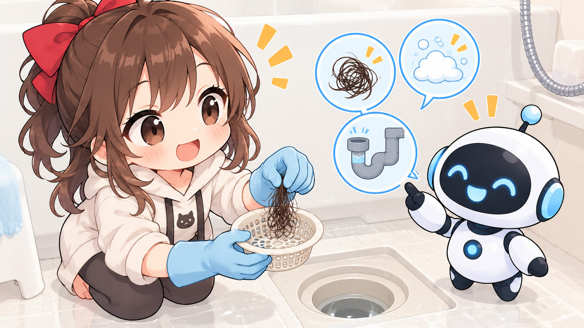 お 風呂 排水 管 詰まりについてワクちゃんとチャッピーが確認しているイラスト