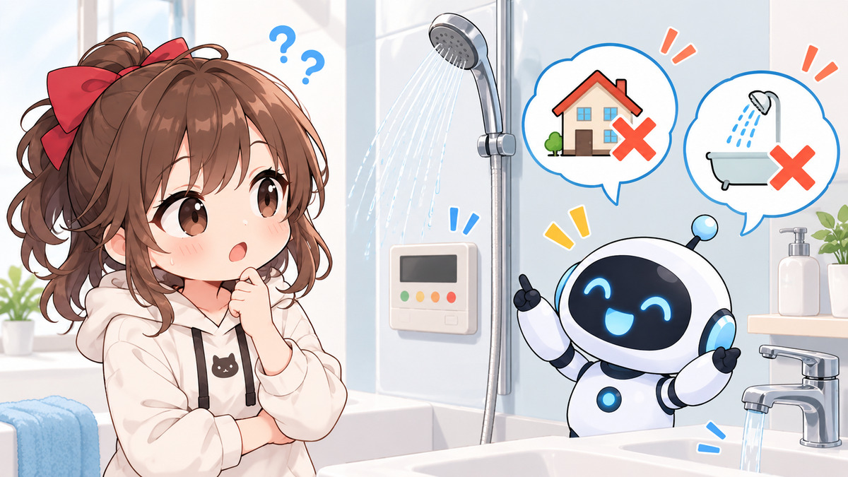 風呂 の 排水 詰まりについてワクちゃんとチャッピーが確認しているイラスト